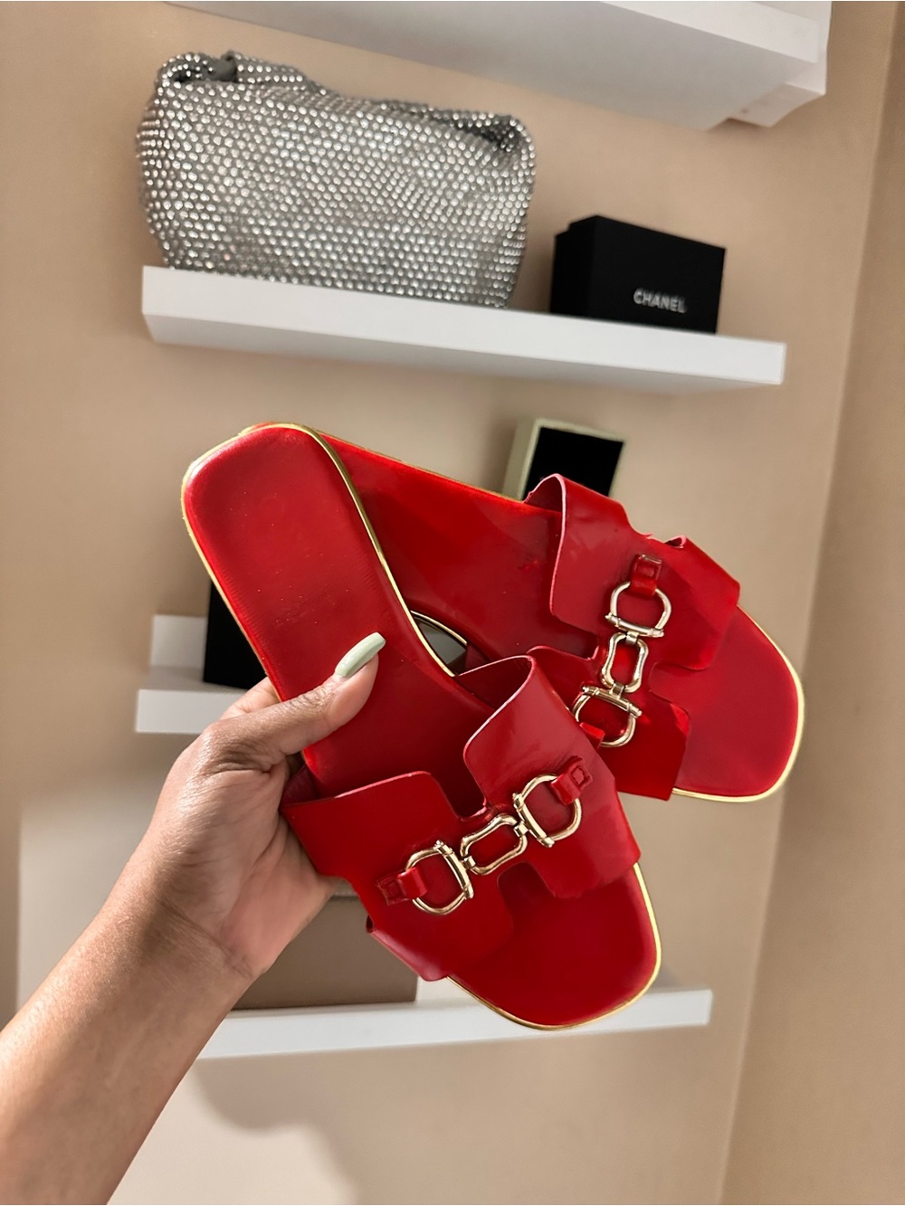 Women's Red Slide Sandals with Gold Hardware